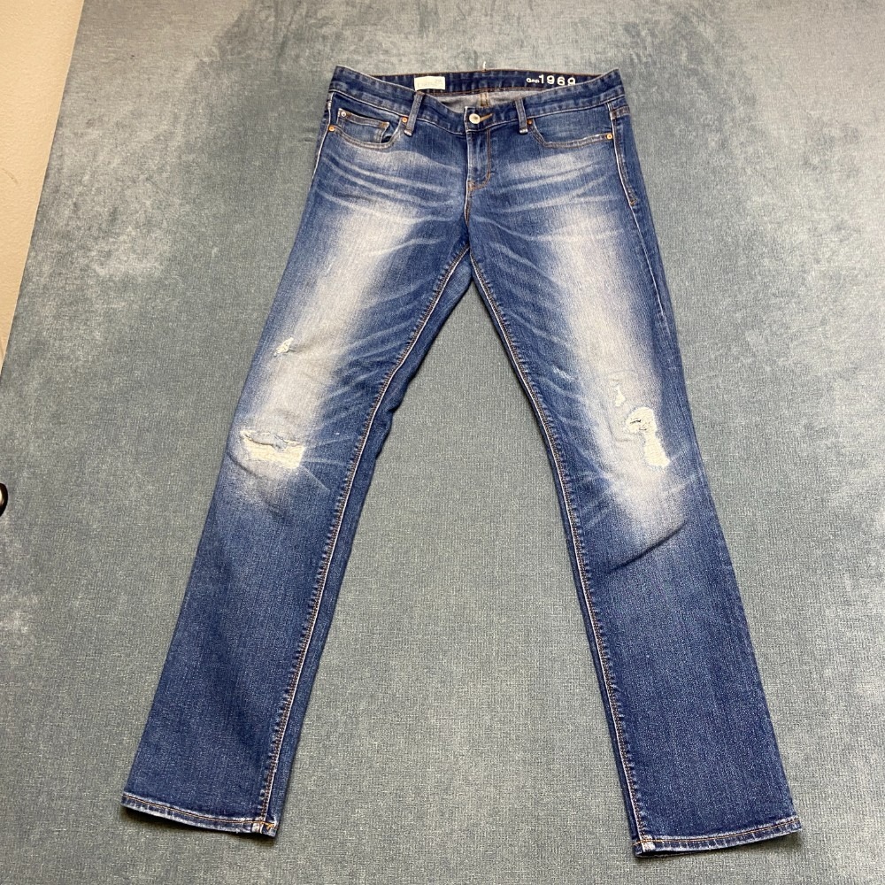 Gap 1969 Real Straight Jeans Womens 29R Blue Denim Mid Rise Zip Fly Distressed